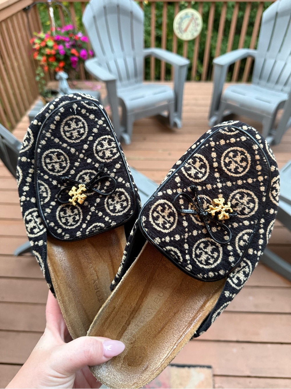 Tory Burch Black & Cream Logo Slip-On Mules with Gold Emblem